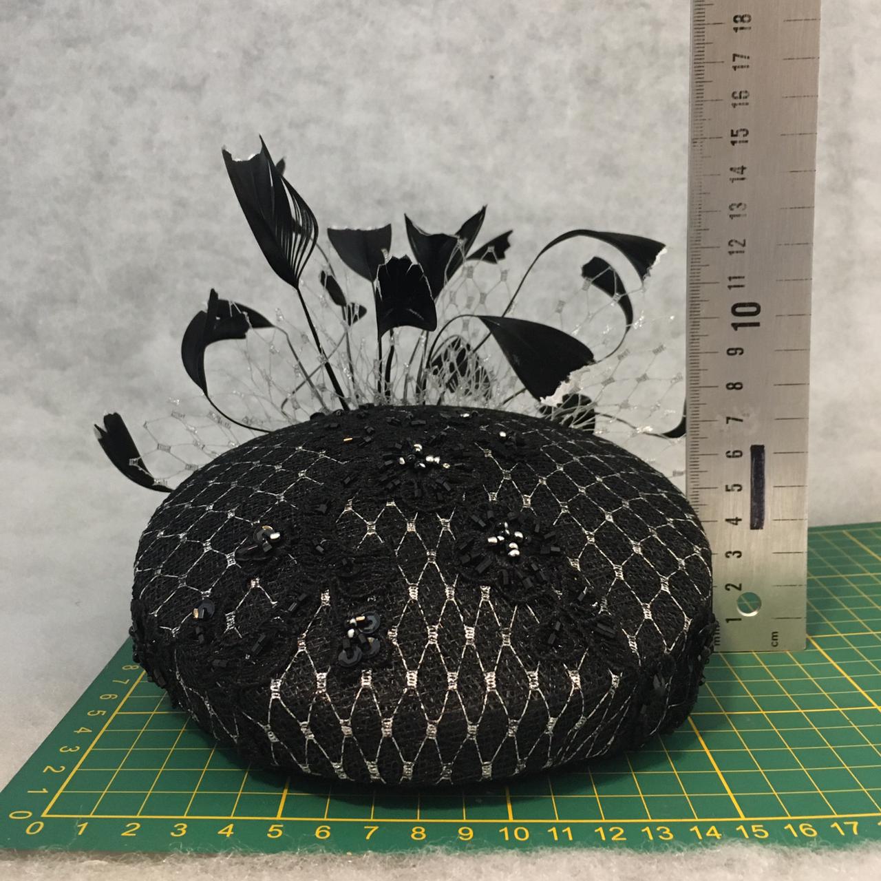 Bethany: Black and Silver Slanted Cocktail Fascinator Accented with Hand Crafted Black Feathers and Silver Veiling