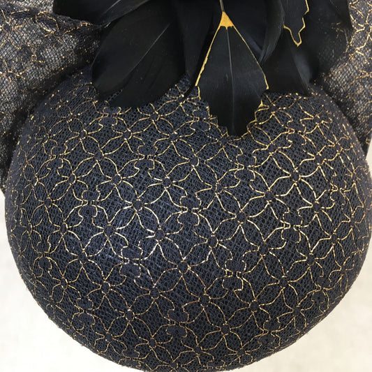 Bianca: Black and Gold Dome Cocktail Fascinator Accented with Hand Painted Feathers and Bow