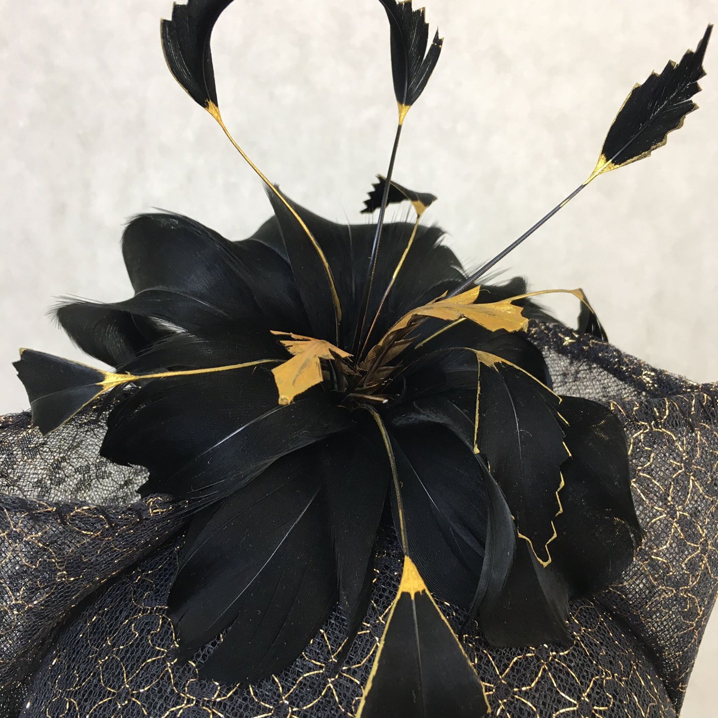 Bianca: Black and Gold Dome Cocktail Fascinator Accented with Hand Painted Feathers and Bow