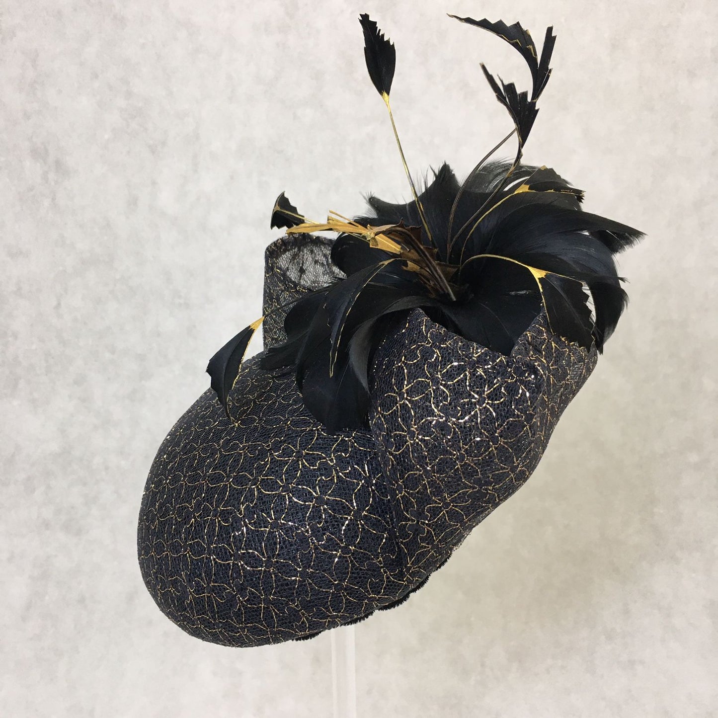 Bianca: Black and Gold Dome Cocktail Fascinator Accented with Hand Painted Feathers and Bow
