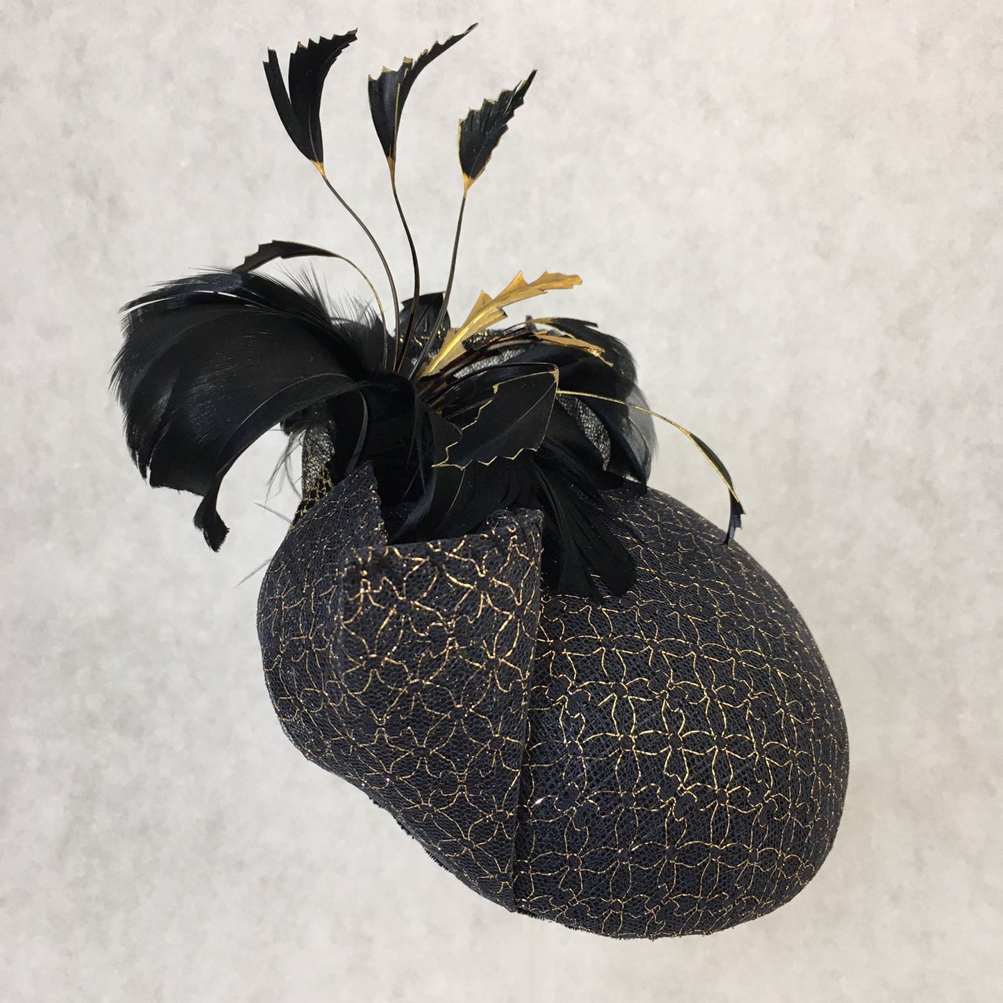 Bianca: Black and Gold Dome Cocktail Fascinator Accented with Hand Painted Feathers and Bow