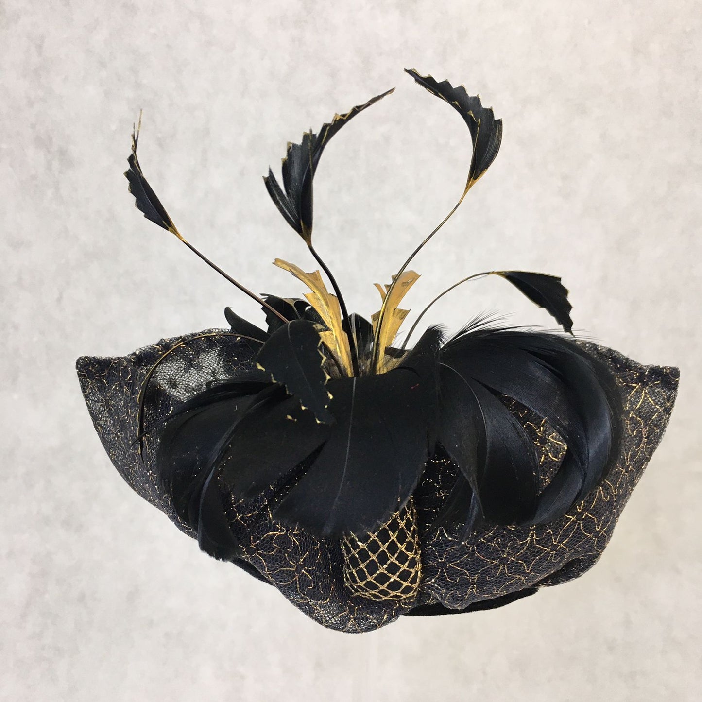 Bianca: Black and Gold Dome Cocktail Fascinator Accented with Hand Painted Feathers and Bow