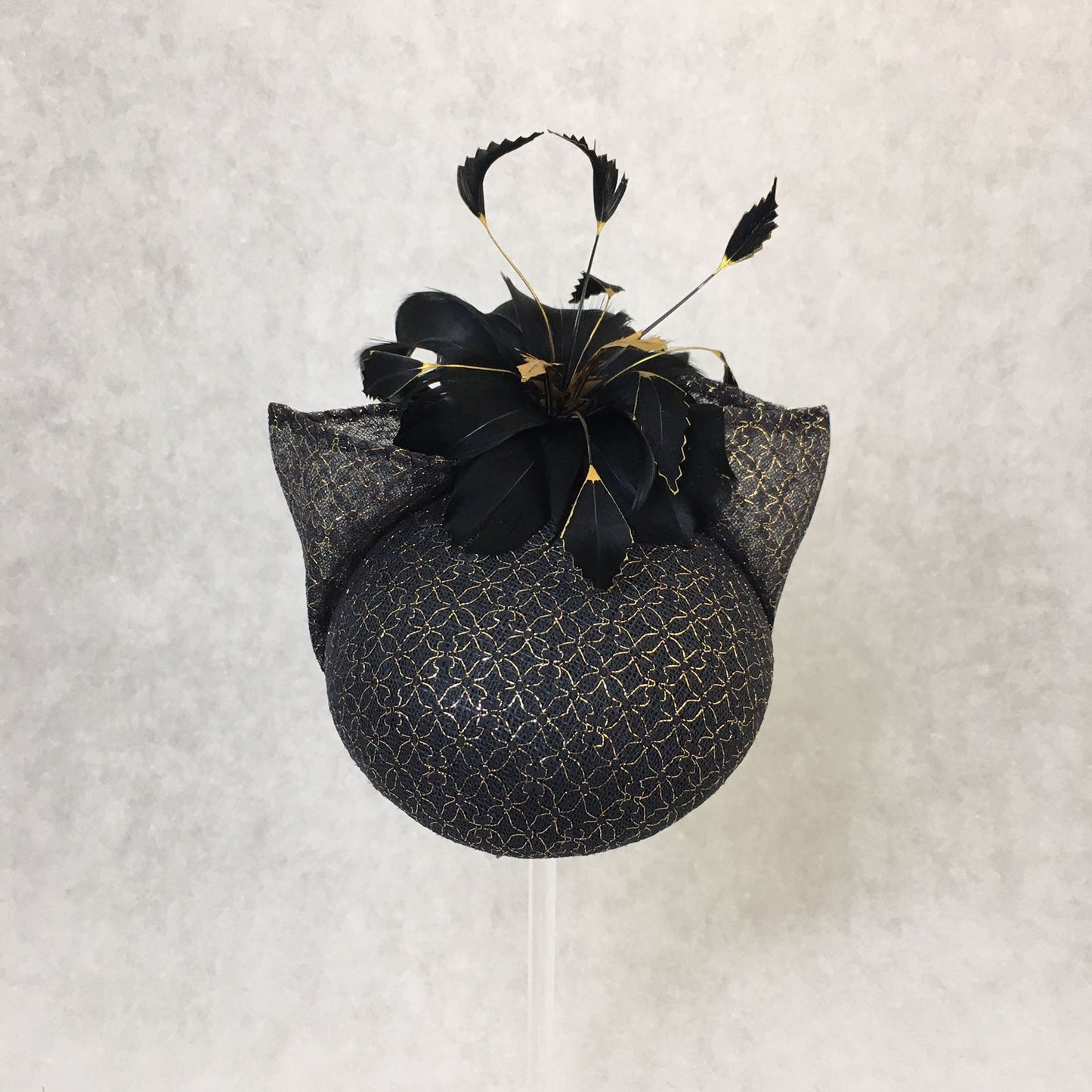 Bianca: Black and Gold Dome Cocktail Fascinator Accented with Hand Painted Feathers and Bow