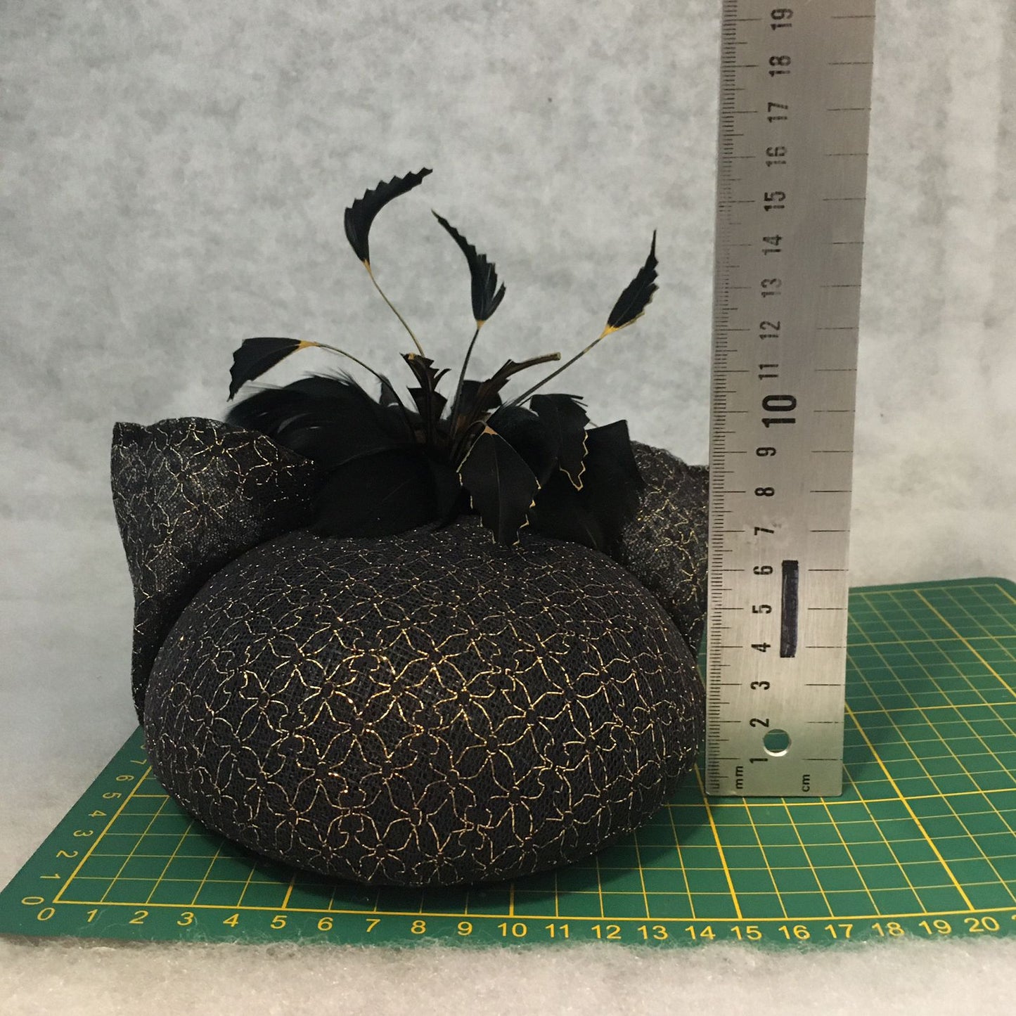 Bianca: Black and Gold Dome Cocktail Fascinator Accented with Hand Painted Feathers and Bow