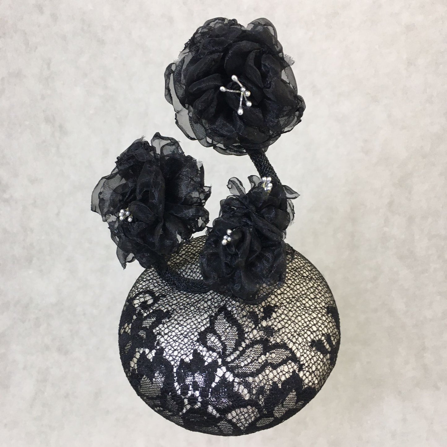 Birdie: Petite Dome Cocktail Fascinator Accented with Hand Made Black Organza Floral Vine
