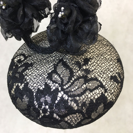 Birdie: Petite Dome Cocktail Fascinator Accented with Hand Made Black Organza Floral Vine
