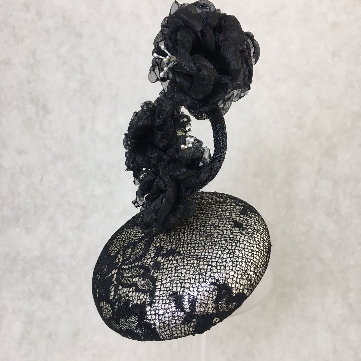 Birdie: Petite Dome Cocktail Fascinator Accented with Hand Made Black Organza Floral Vine