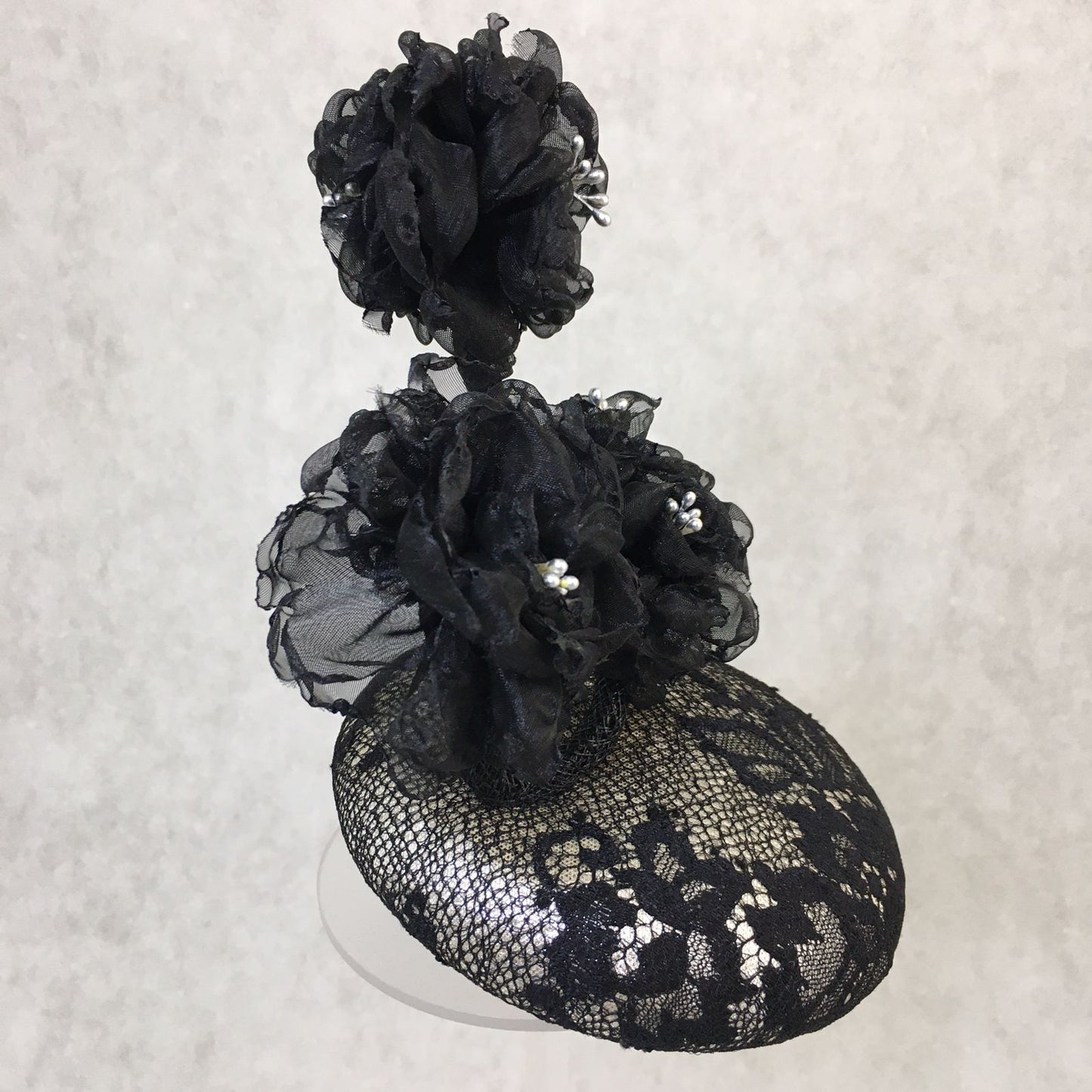 Birdie: Petite Dome Cocktail Fascinator Accented with Hand Made Black Organza Floral Vine
