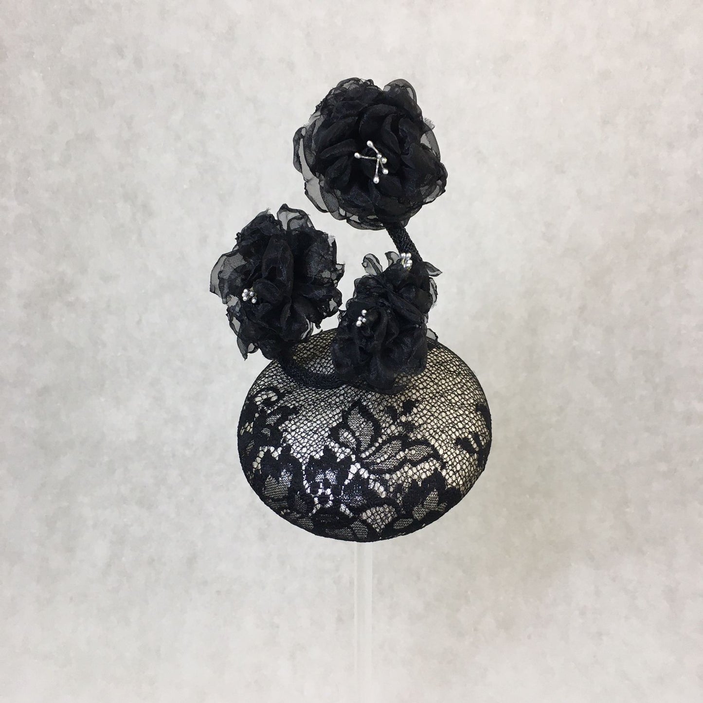 Birdie: Petite Dome Cocktail Fascinator Accented with Hand Made Black Organza Floral Vine