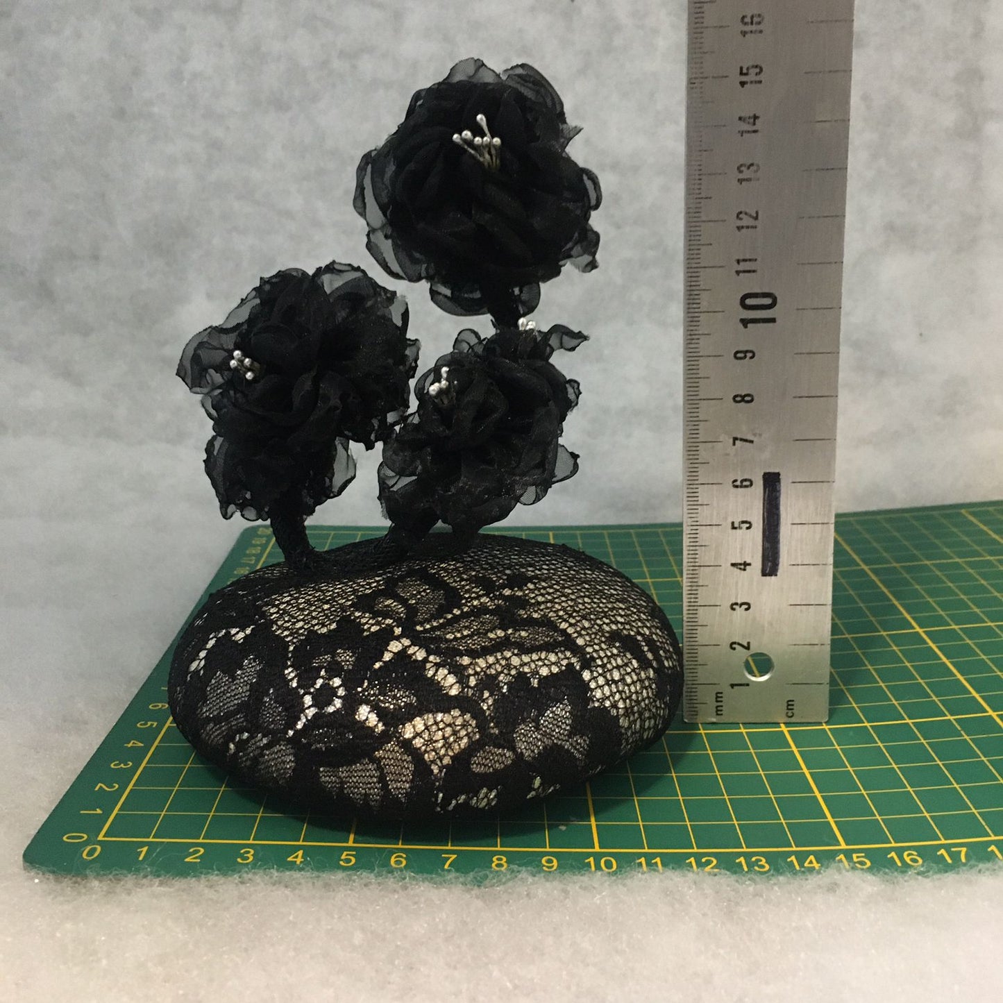Birdie: Petite Dome Cocktail Fascinator Accented with Hand Made Black Organza Floral Vine