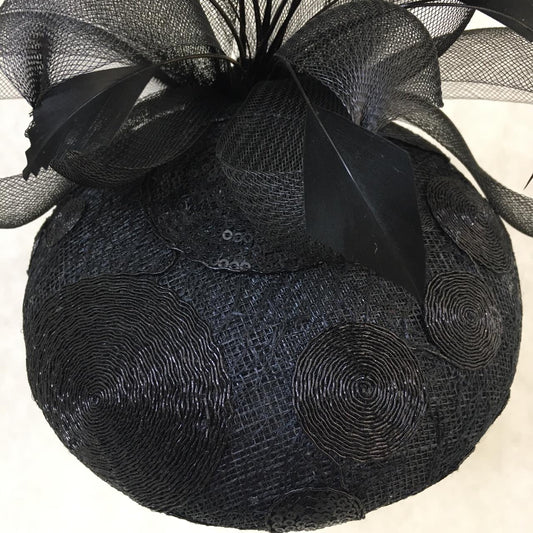Blakely: Blake Dome Cocktail Fascinator Trimmed with Feather Spray and Crin Bows