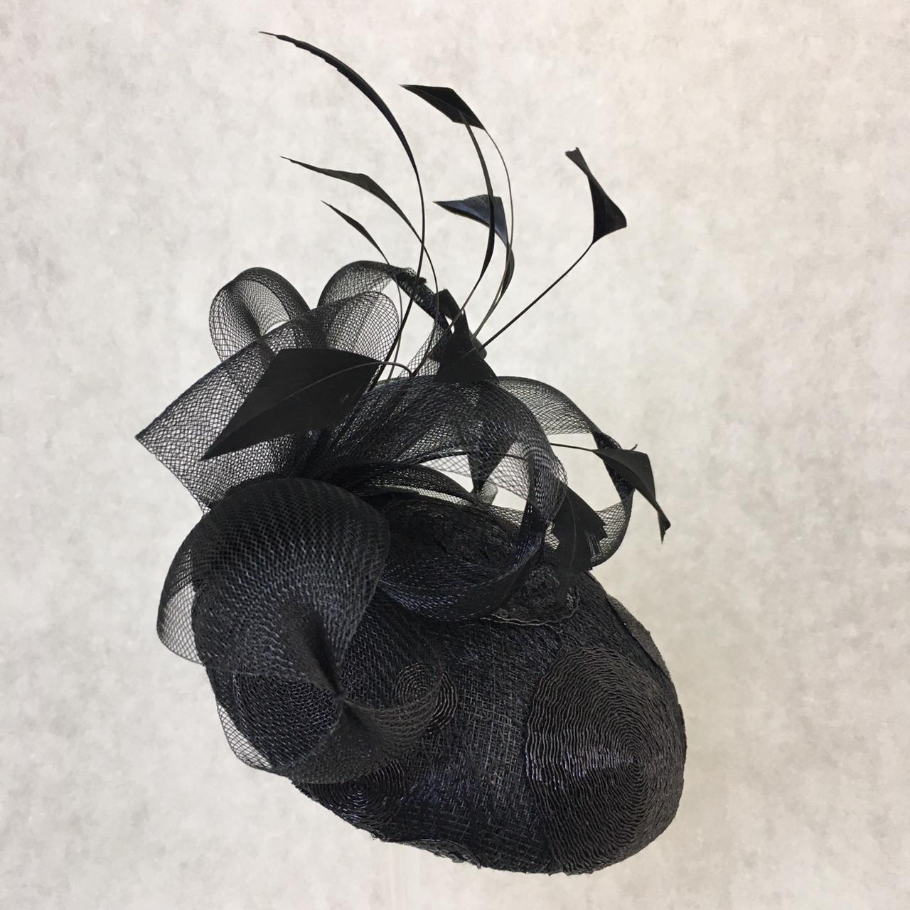 Blakely: Blake Dome Cocktail Fascinator Trimmed with Feather Spray and Crin Bows