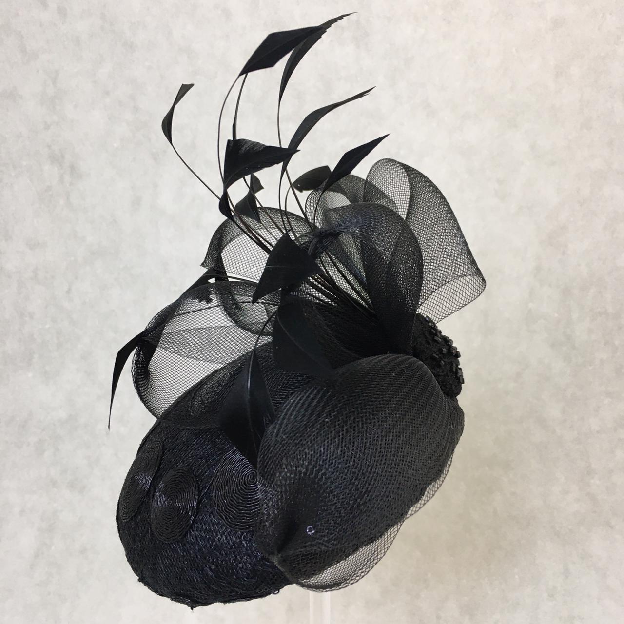 Blakely: Blake Dome Cocktail Fascinator Trimmed with Feather Spray and Crin Bows