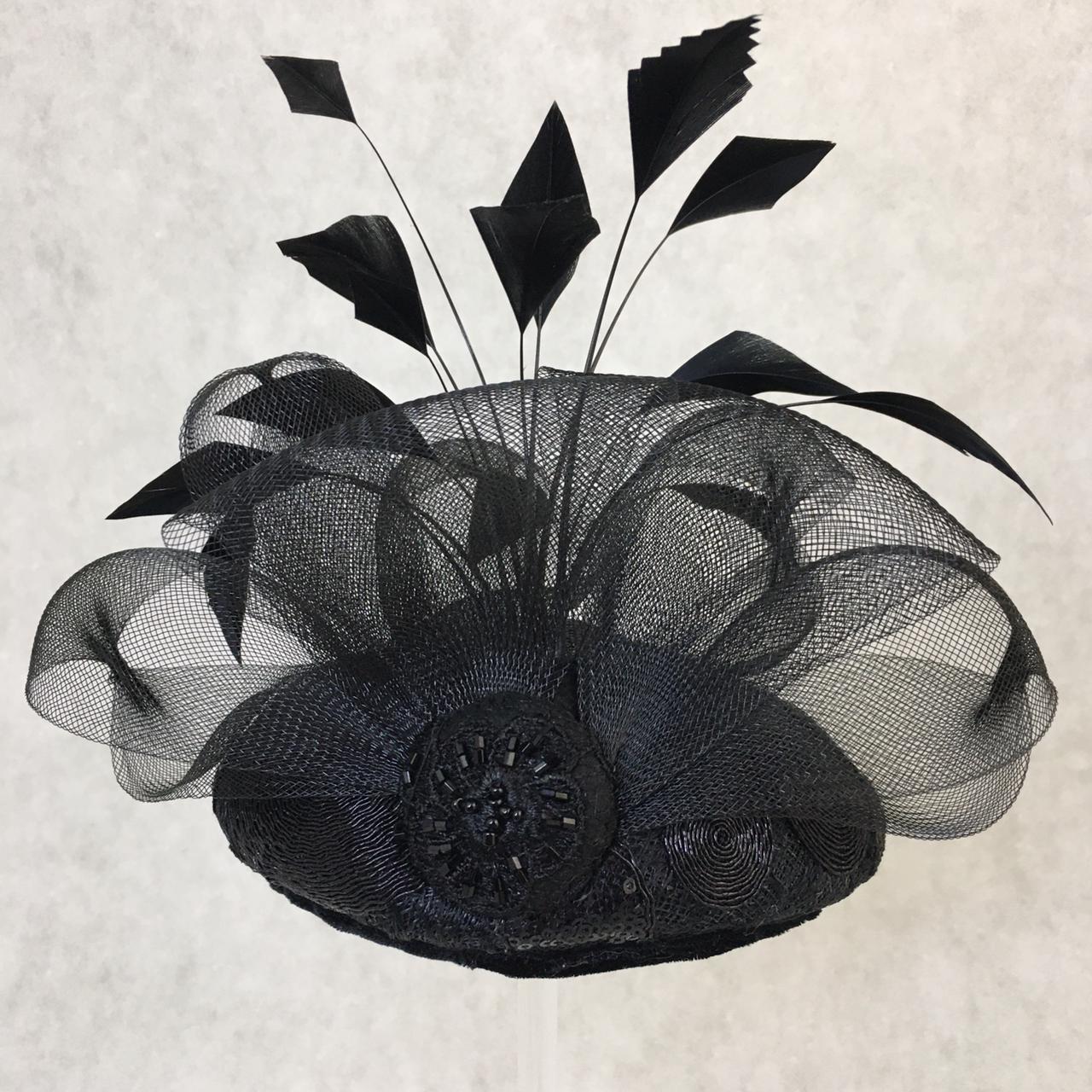 Blakely: Blake Dome Cocktail Fascinator Trimmed with Feather Spray and Crin Bows