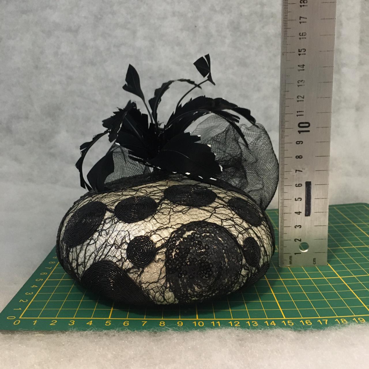 Brianna: Black and Silver Dome Cocktail Fascinator Accented with a Hand Pained Feathers and Distressed Crinoline Bow