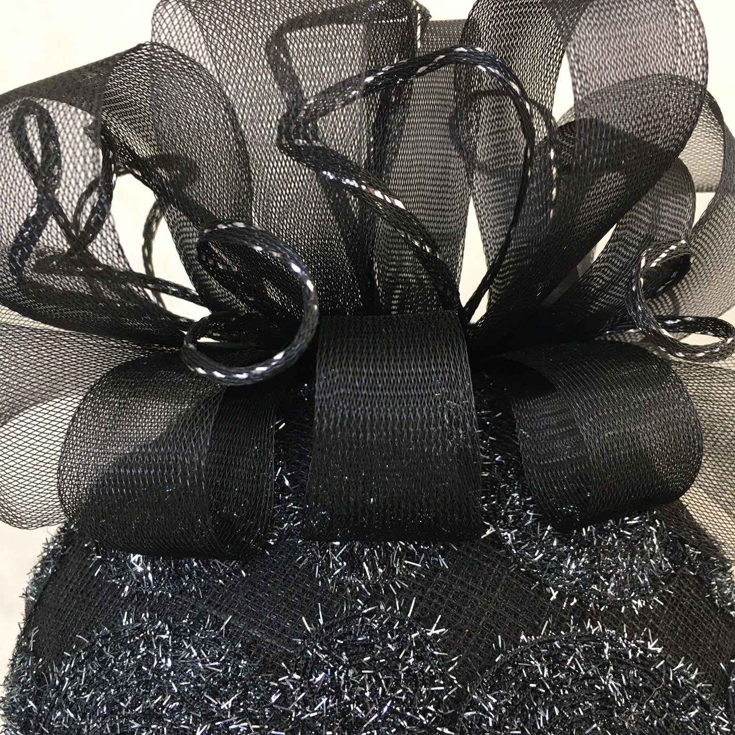 Brooke: Handmade Black and Silver Dome Cocktail Fascinator, Accented with Crinoline Loops