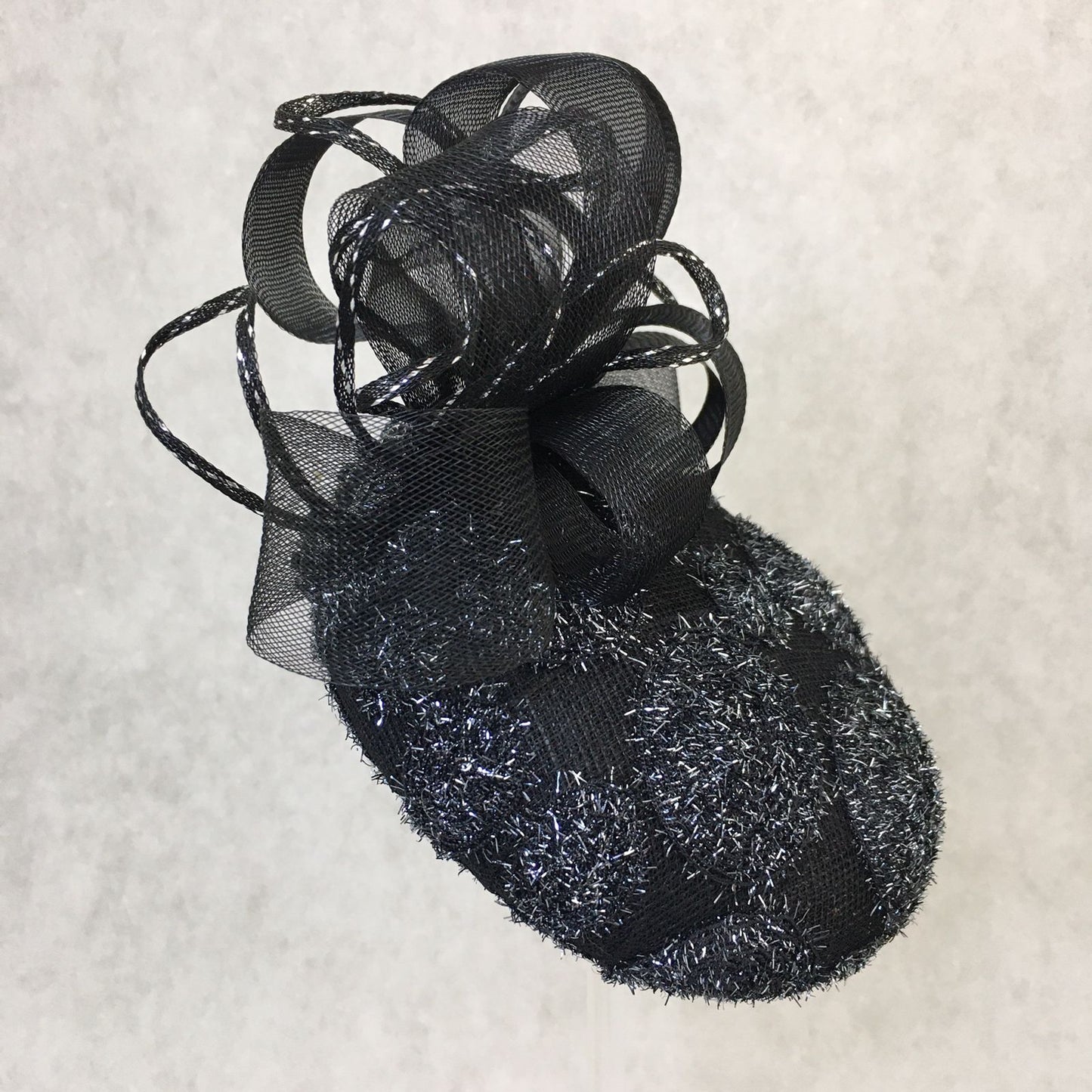 Brooke: Handmade Black and Silver Dome Cocktail Fascinator, Accented with Crinoline Loops