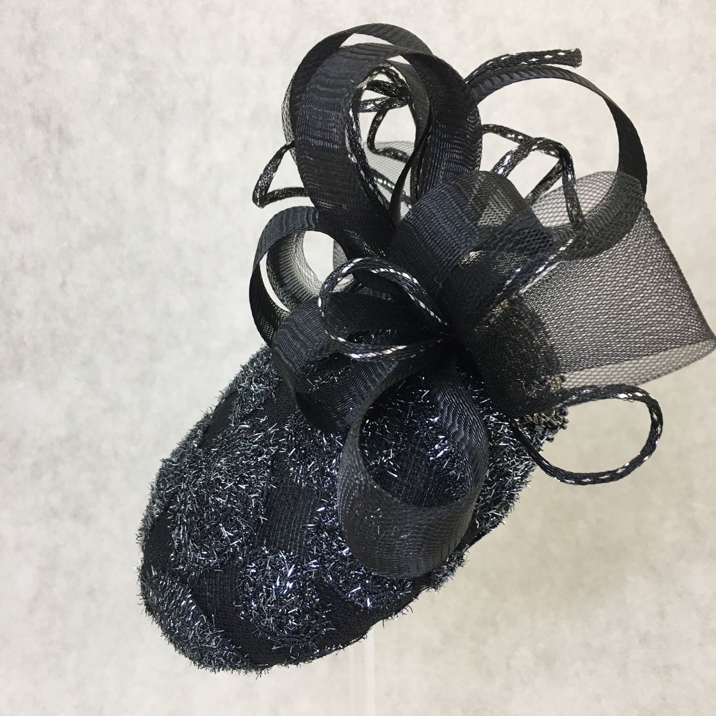 Brooke: Handmade Black and Silver Dome Cocktail Fascinator, Accented with Crinoline Loops