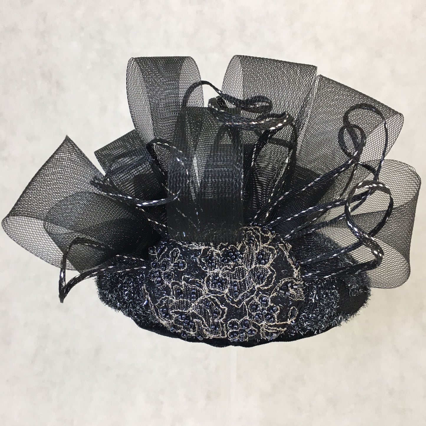 Brooke: Handmade Black and Silver Dome Cocktail Fascinator, Accented with Crinoline Loops