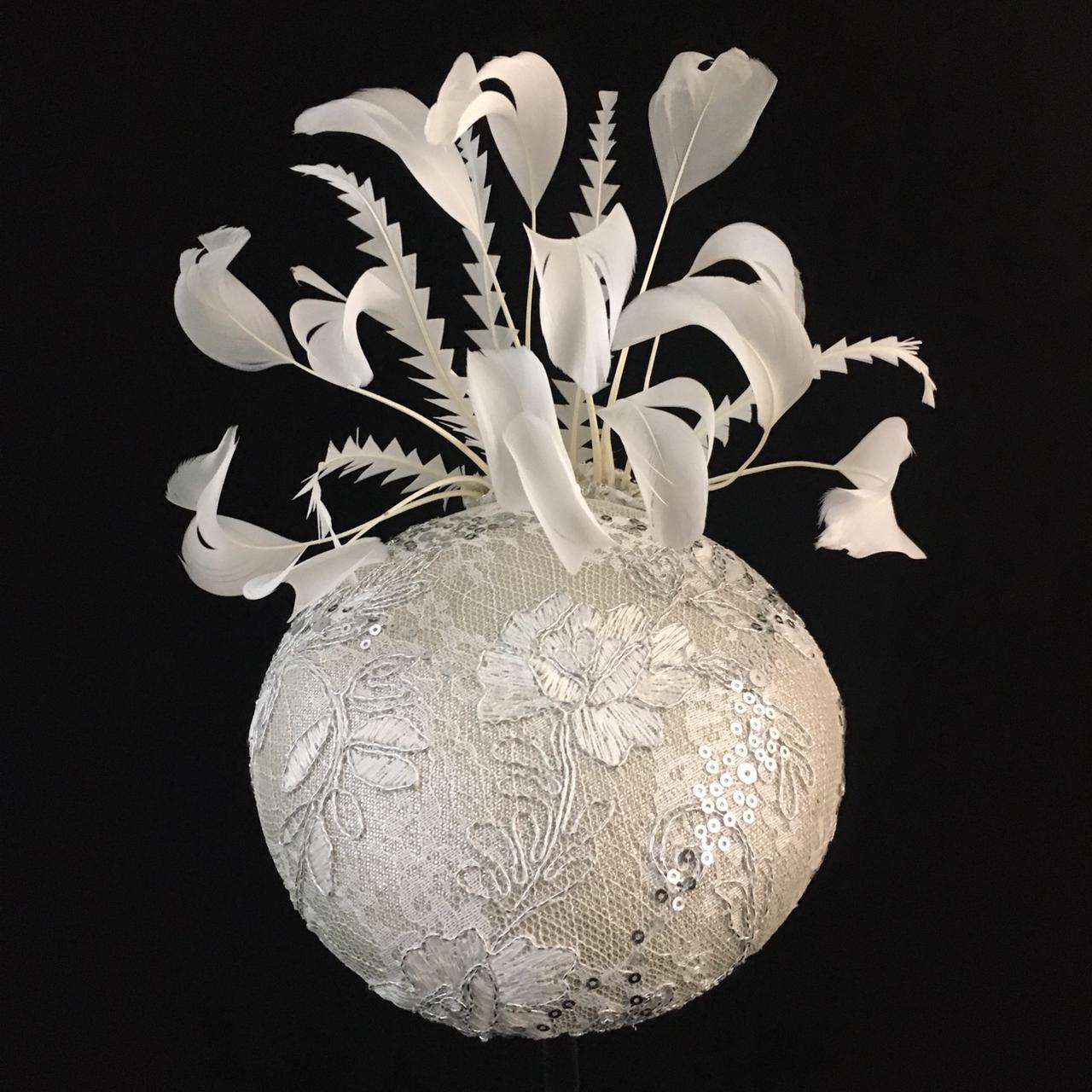 Waverley: White and Cream Dome Cocktail Fascinator Accented with Hand Trimmed Feather Spray