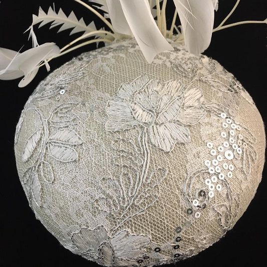 Waverley: White and Cream Dome Cocktail Fascinator Accented with Hand Trimmed Feather Spray