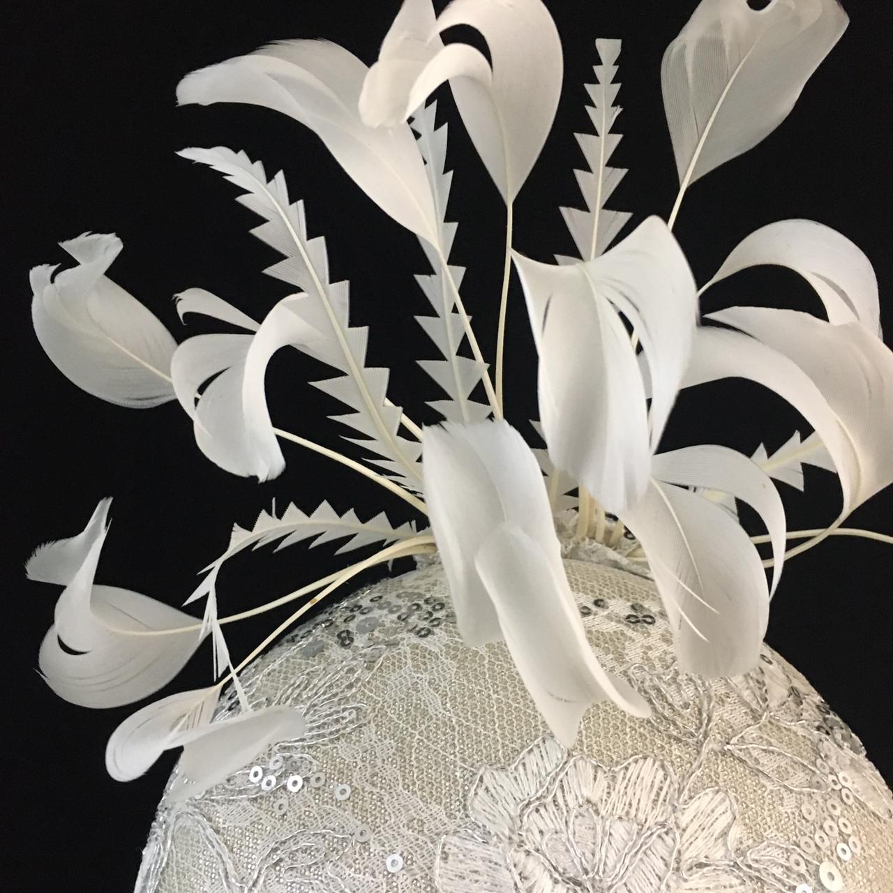 Waverley: White and Cream Dome Cocktail Fascinator Accented with Hand Trimmed Feather Spray