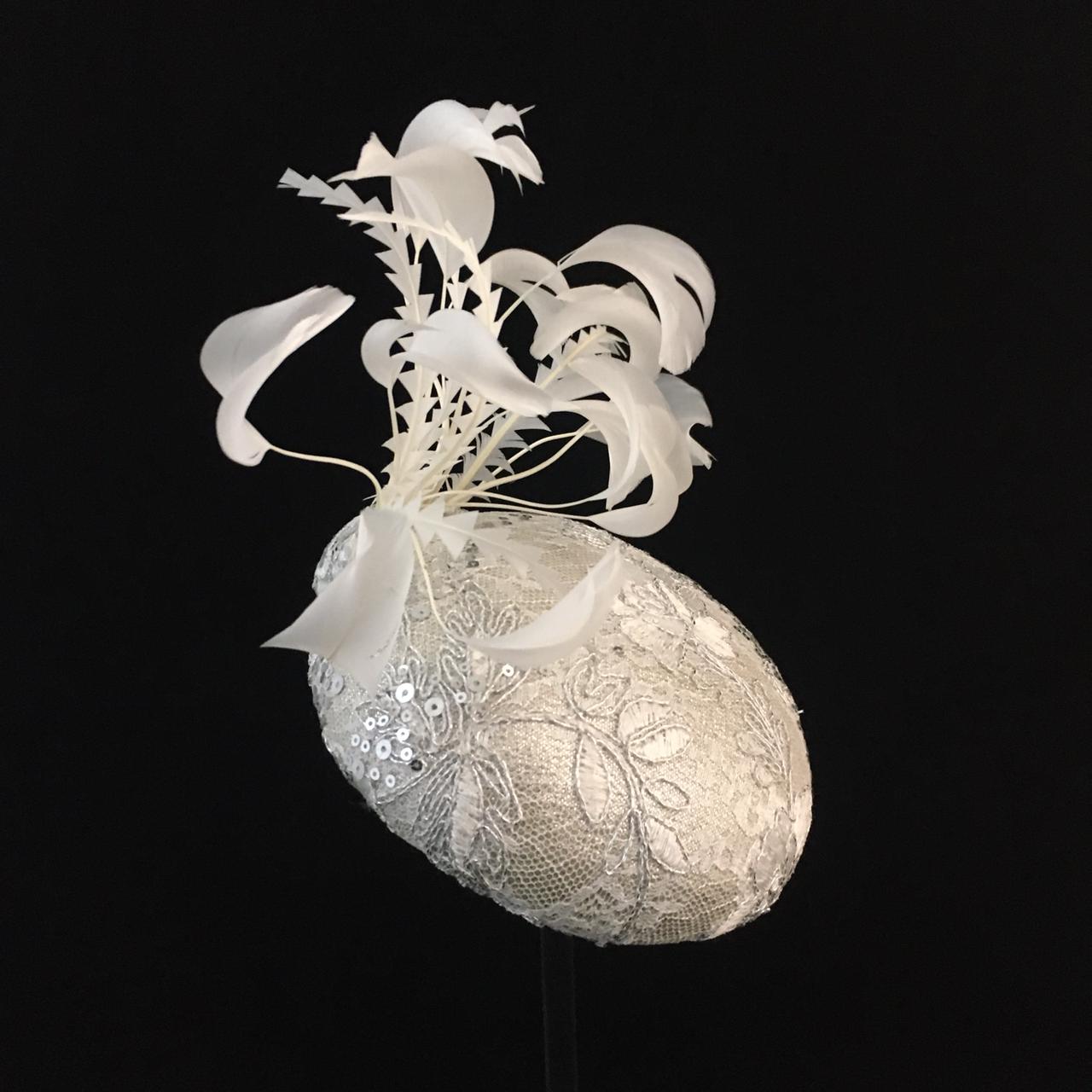 Waverley: White and Cream Dome Cocktail Fascinator Accented with Hand Trimmed Feather Spray