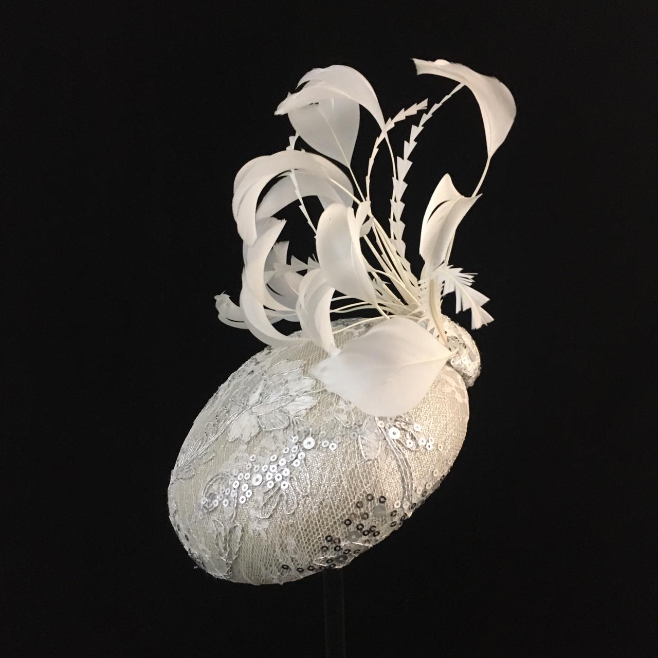 Waverley: White and Cream Dome Cocktail Fascinator Accented with Hand Trimmed Feather Spray