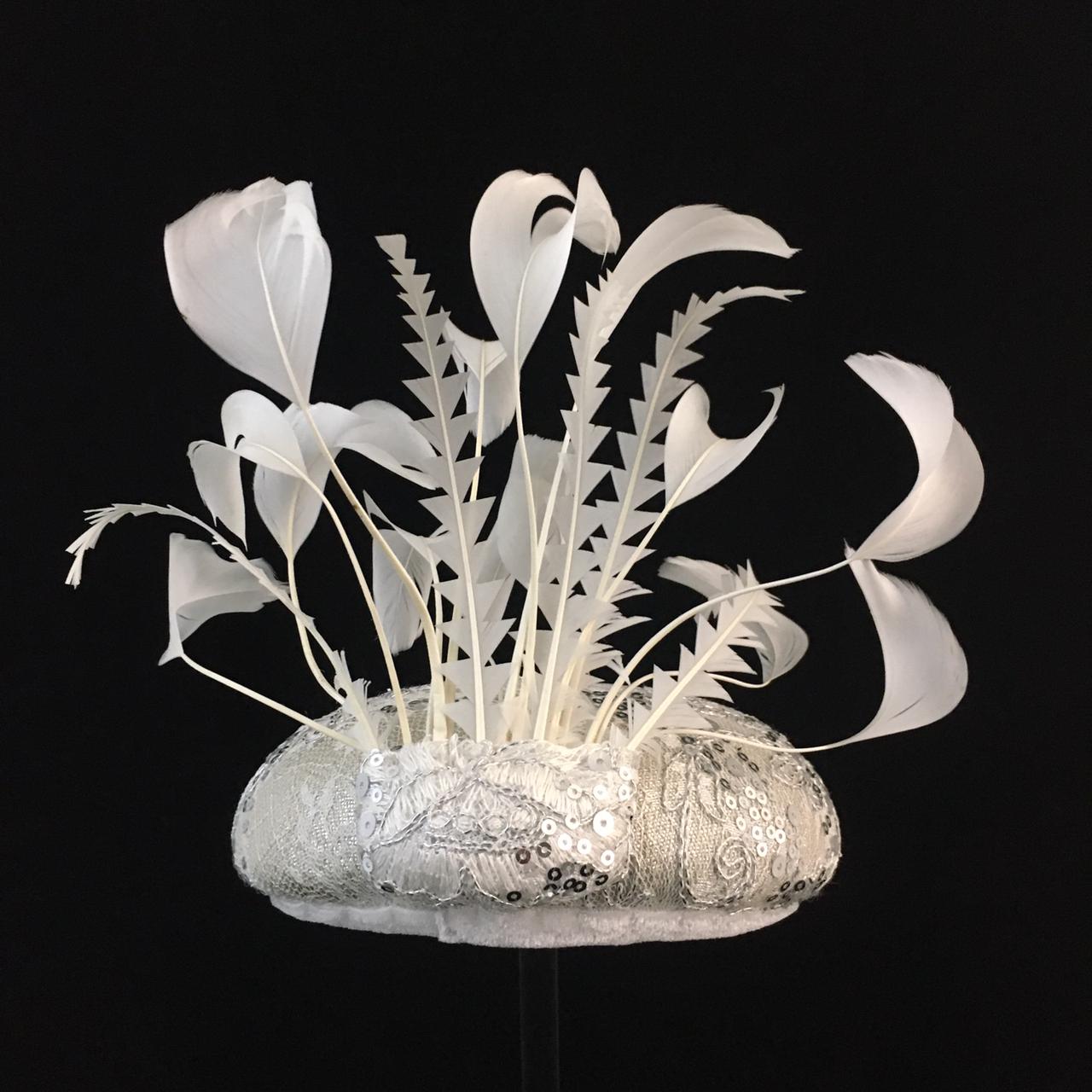 Waverley: White and Cream Dome Cocktail Fascinator Accented with Hand Trimmed Feather Spray