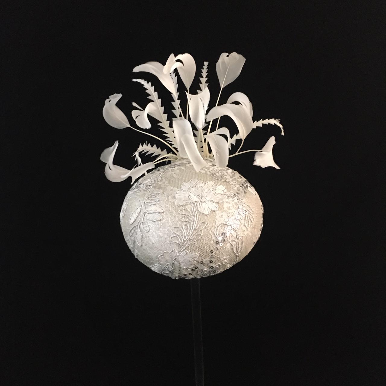 Waverley: White and Cream Dome Cocktail Fascinator Accented with Hand Trimmed Feather Spray