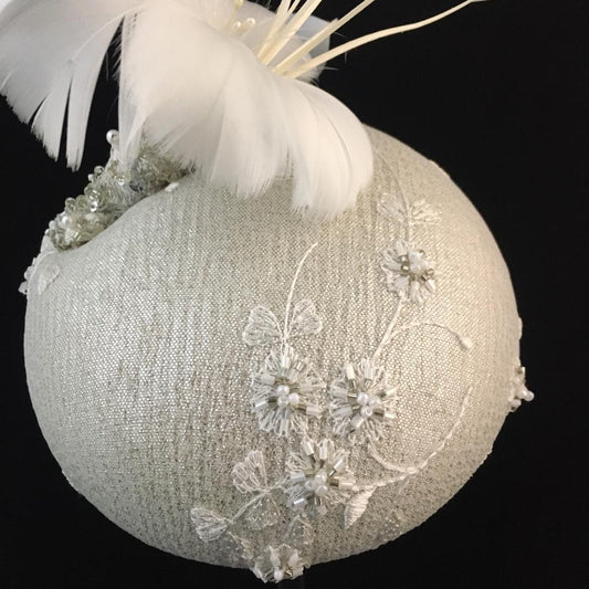 Wendi: White Compact Dome Cocktail Fascinator Adorned with Hand Beaded lace Overlay Accented with Handmade Feather Floral