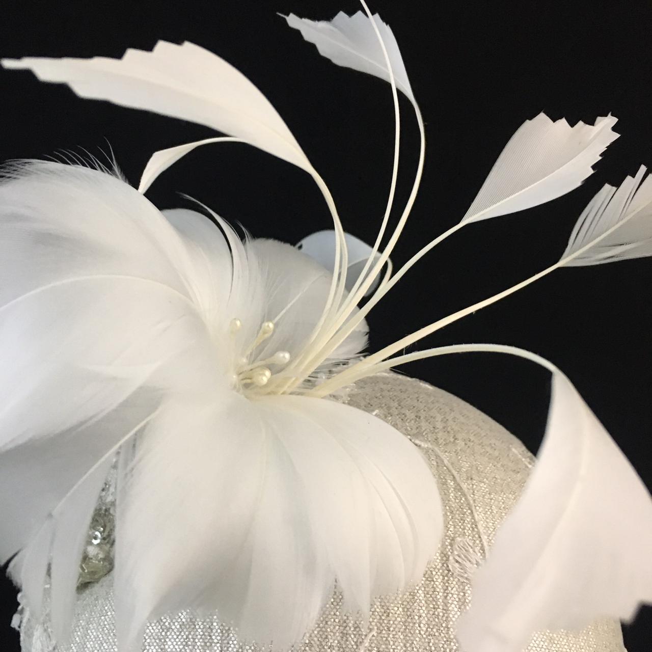 Wendi: White Compact Dome Cocktail Fascinator Adorned with Hand Beaded lace Overlay Accented with Handmade Feather Floral