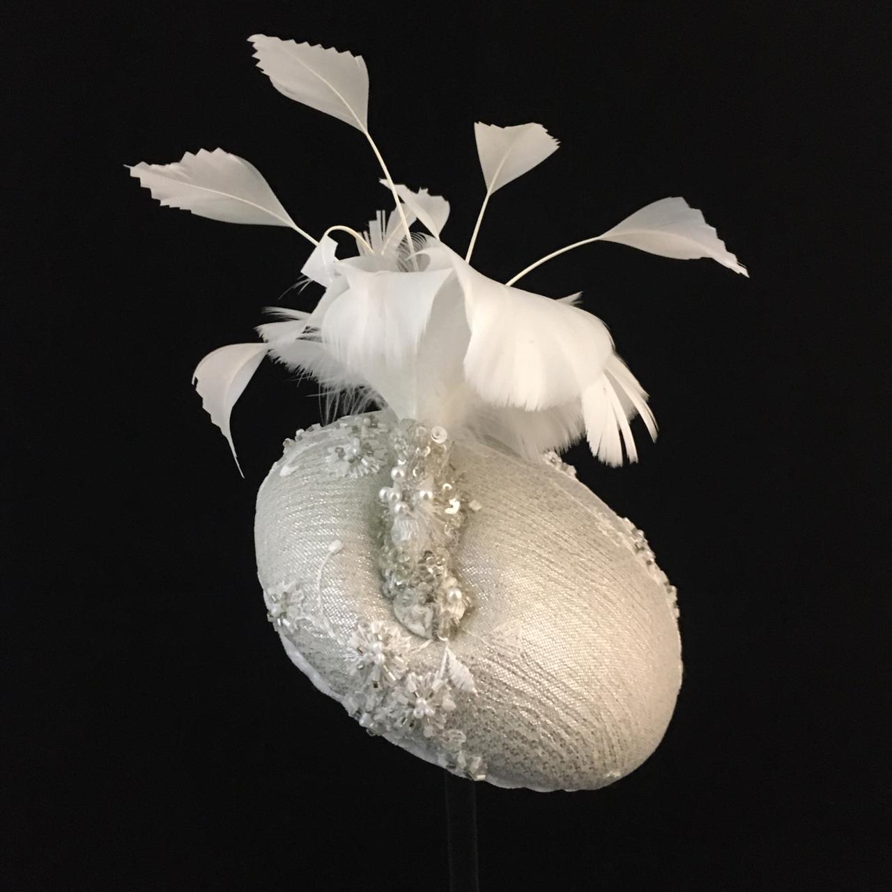 Wendi: White Compact Dome Cocktail Fascinator Adorned with Hand Beaded lace Overlay Accented with Handmade Feather Floral