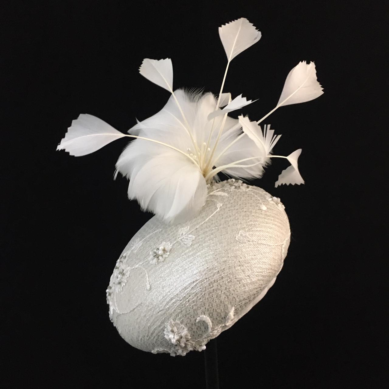 Wendi: White Compact Dome Cocktail Fascinator Adorned with Hand Beaded lace Overlay Accented with Handmade Feather Floral