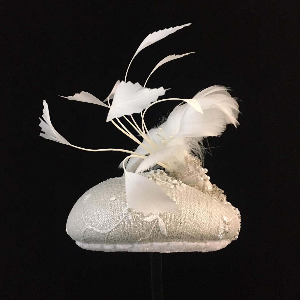 Wendi: White Compact Dome Cocktail Fascinator Adorned with Hand Beaded lace Overlay Accented with Handmade Feather Floral