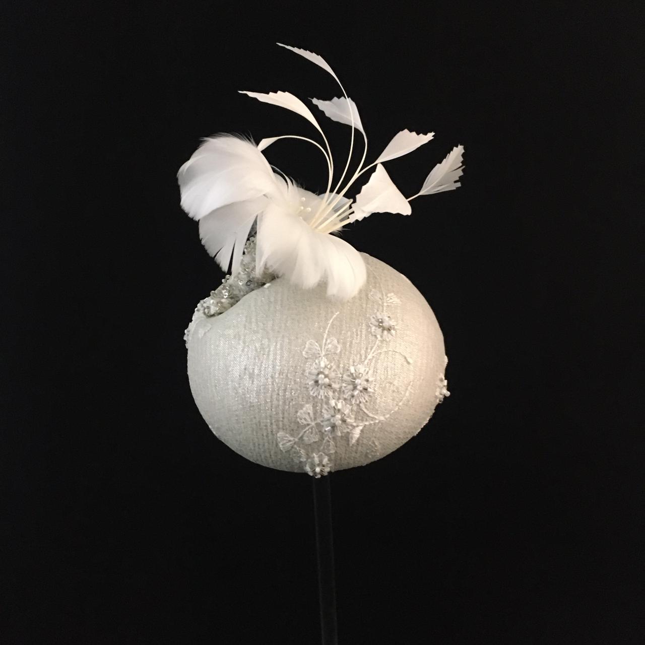 Wendi: White Compact Dome Cocktail Fascinator Adorned with Hand Beaded lace Overlay Accented with Handmade Feather Floral