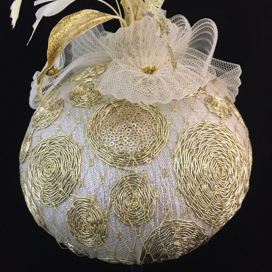 Whitney: Gold and Cream Dome Cocktail Fascinator Accented with Hand Painted Feather Spray
