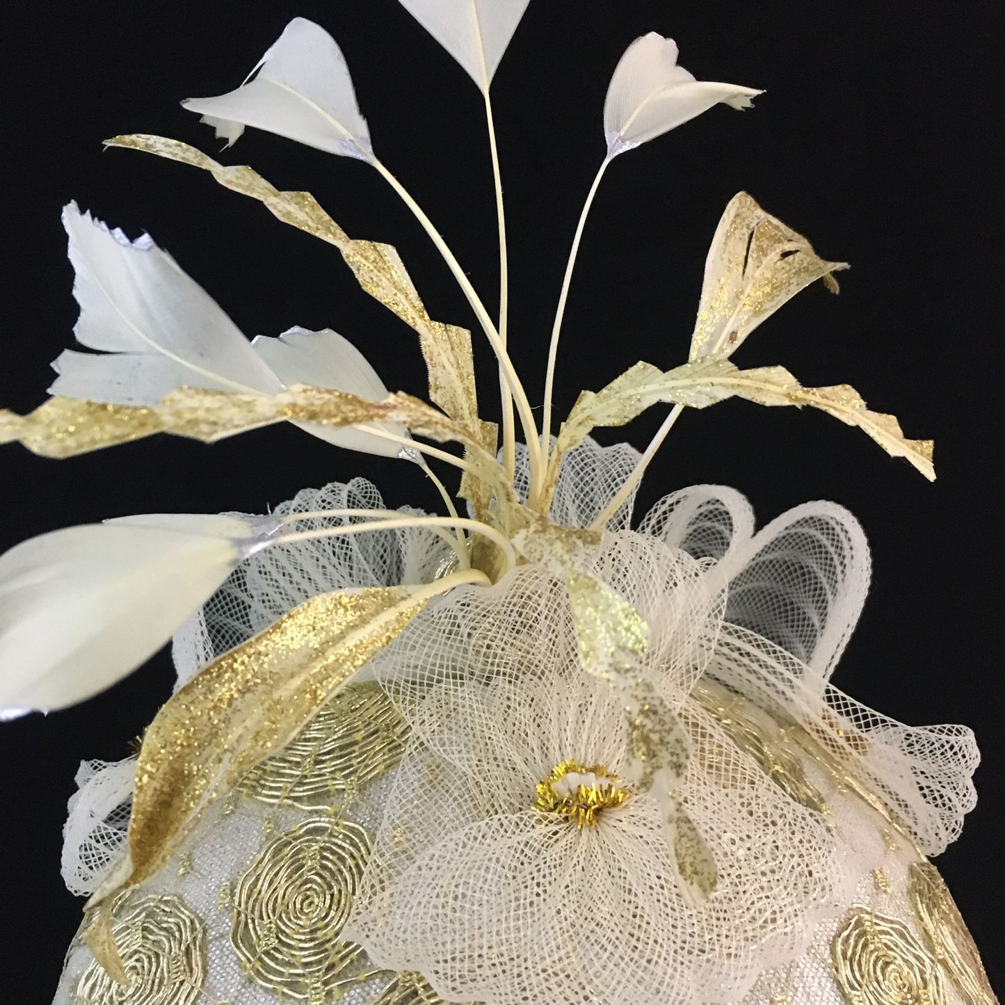 Whitney: Gold and Cream Dome Cocktail Fascinator Accented with Hand Painted Feather Spray