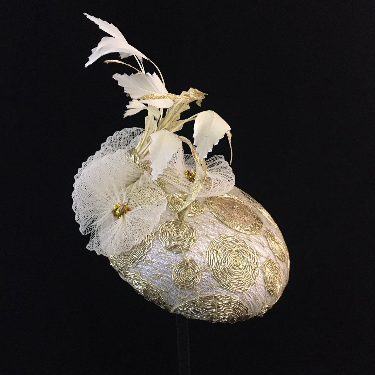 Whitney: Gold and Cream Dome Cocktail Fascinator Accented with Hand Painted Feather Spray