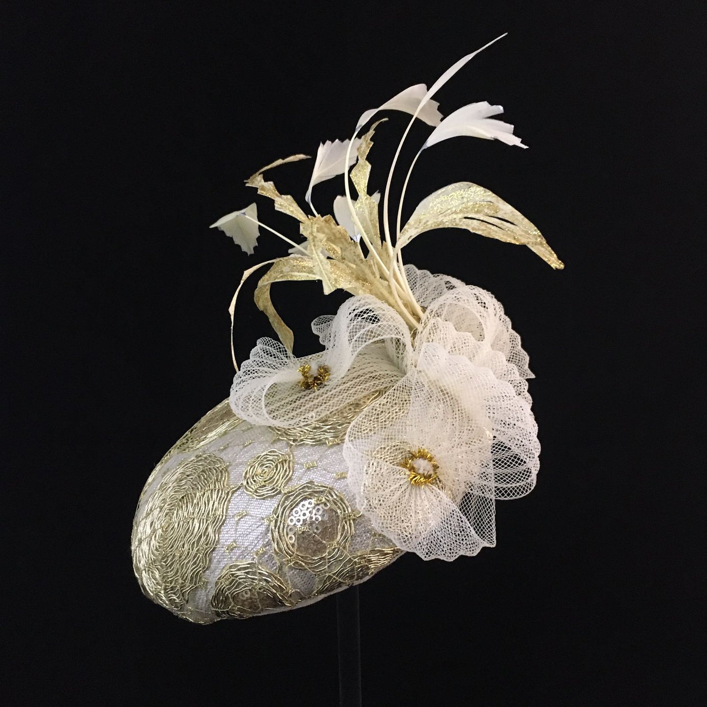 Whitney: Gold and Cream Dome Cocktail Fascinator Accented with Hand Painted Feather Spray