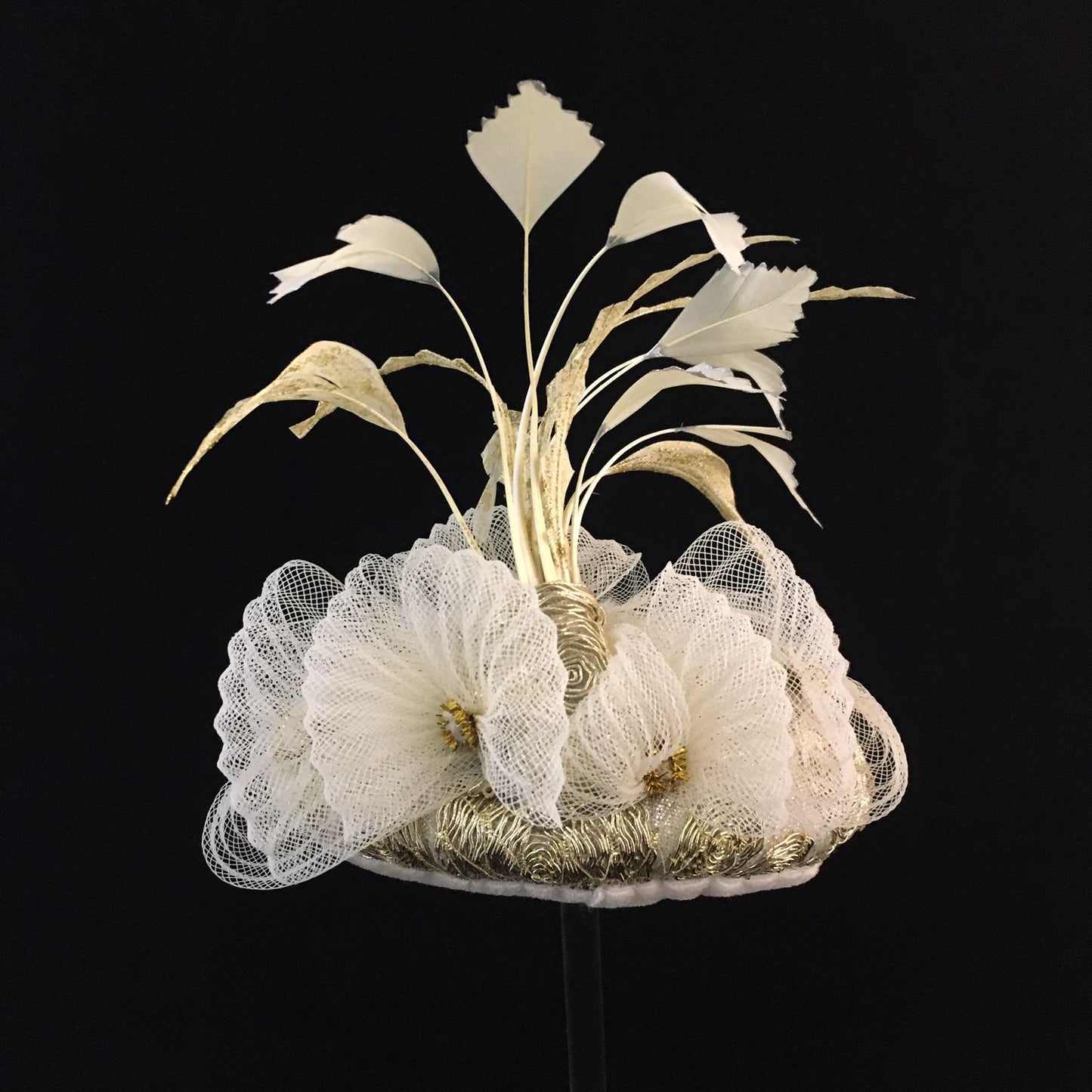 Whitney: Gold and Cream Dome Cocktail Fascinator Accented with Hand Painted Feather Spray