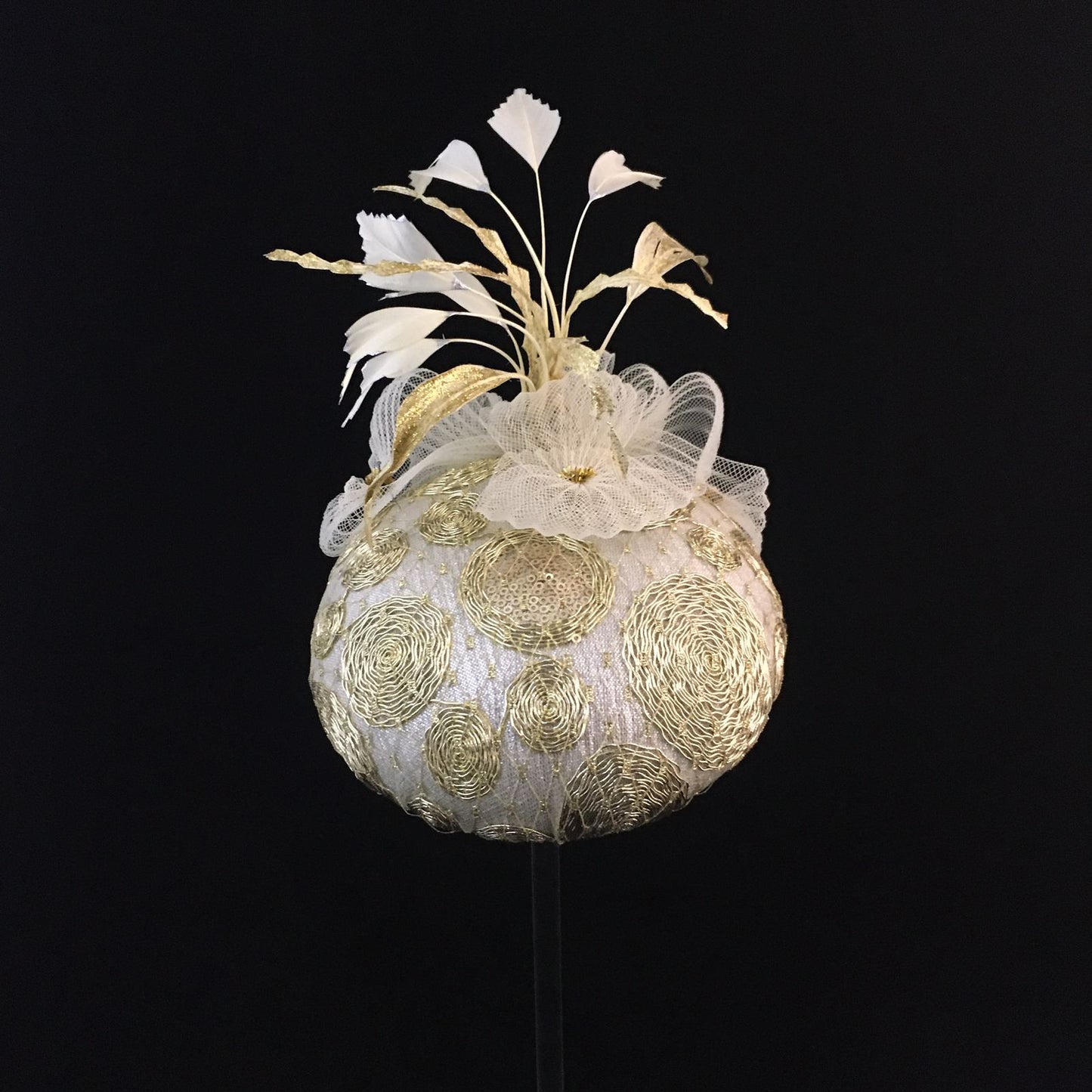 Whitney: Gold and Cream Dome Cocktail Fascinator Accented with Hand Painted Feather Spray