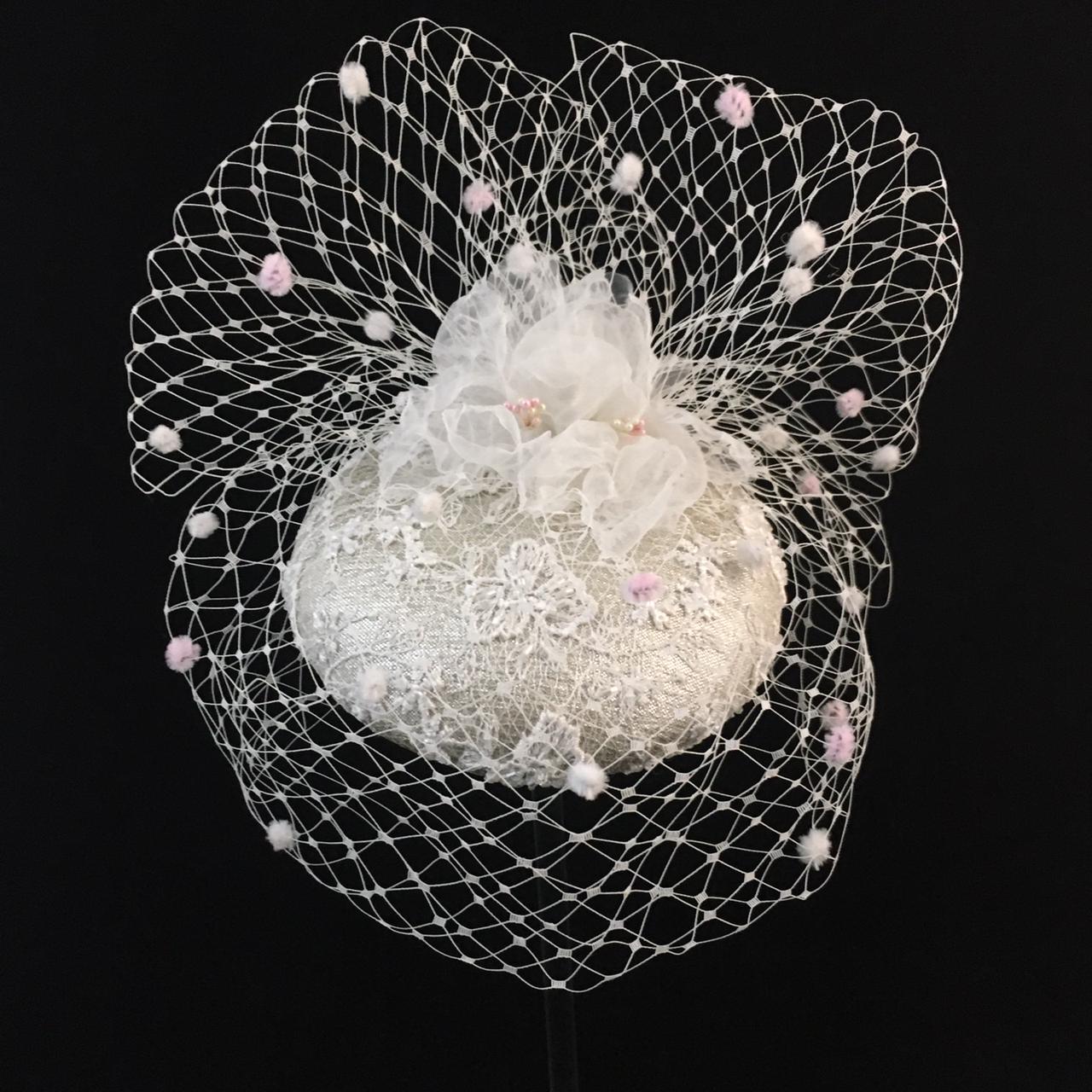Wilhelmina: White and Pink Spotted Veiling Dome Cocktail Fascinator Accented with Handmade Organza Flowers