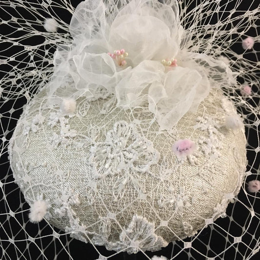 Wilhelmina: White and Pink Spotted Veiling Dome Cocktail Fascinator Accented with Handmade Organza Flowers