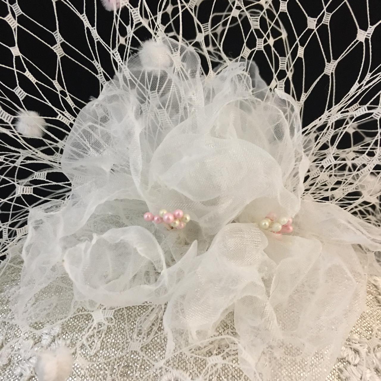 Wilhelmina: White and Pink Spotted Veiling Dome Cocktail Fascinator Accented with Handmade Organza Flowers