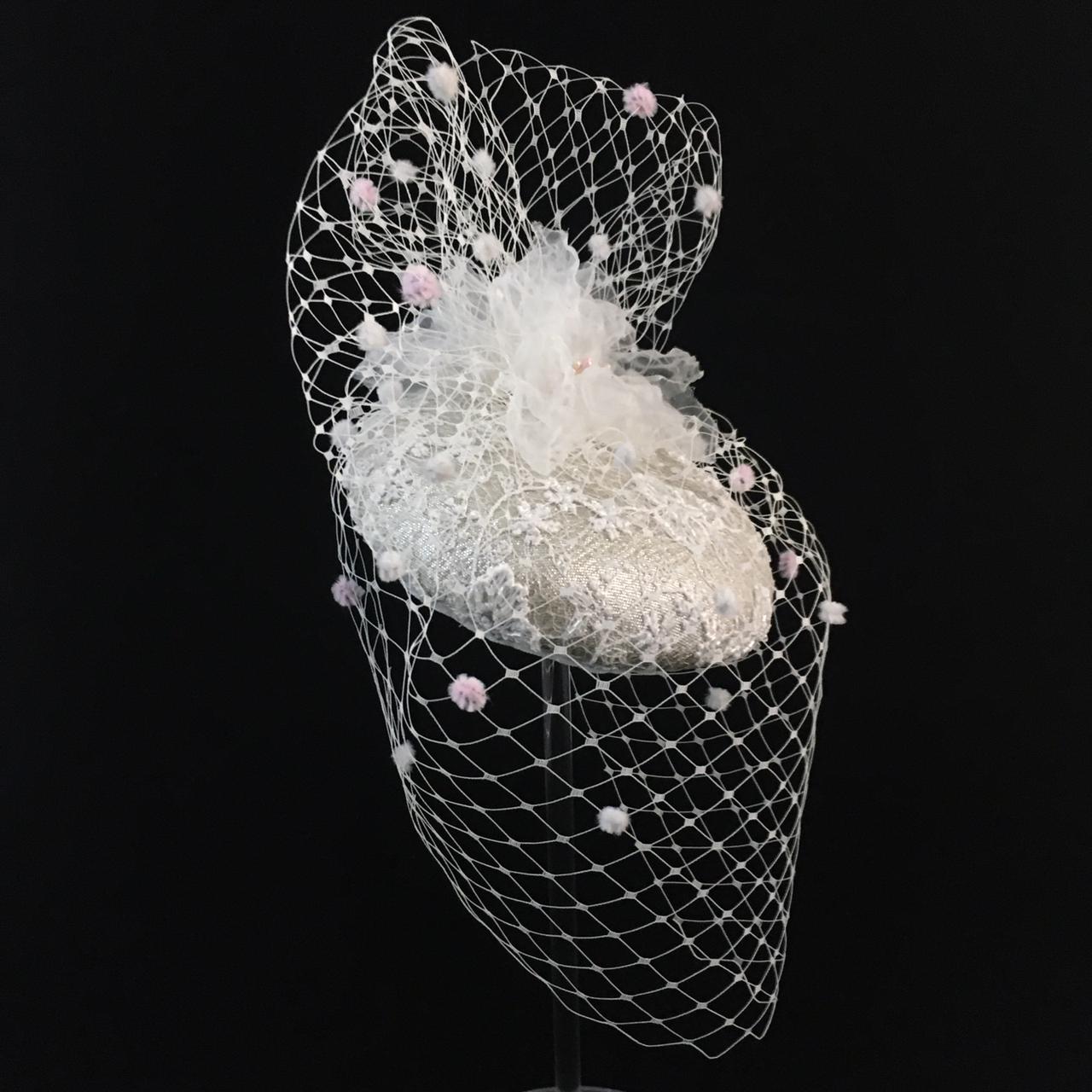 Wilhelmina: White and Pink Spotted Veiling Dome Cocktail Fascinator Accented with Handmade Organza Flowers