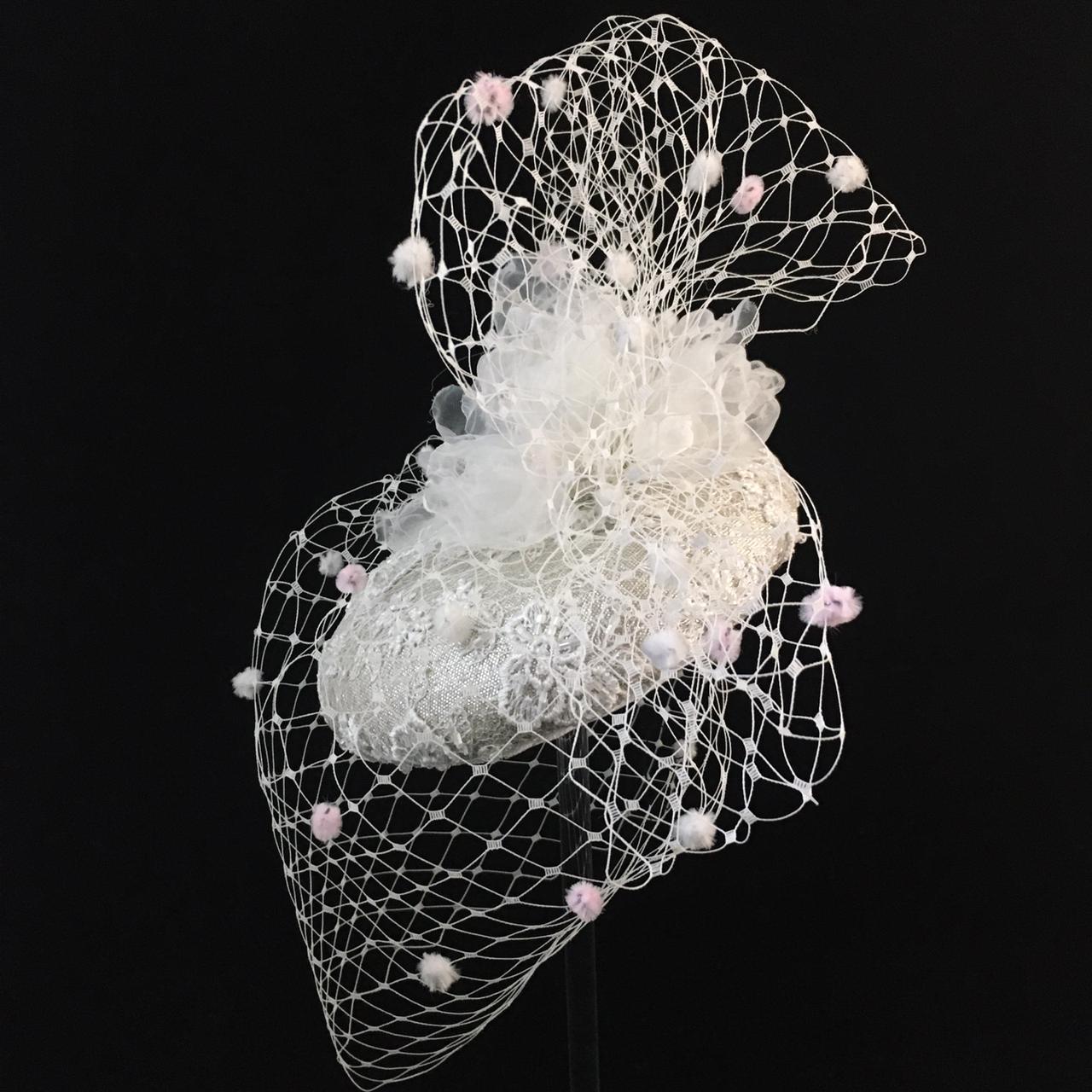 Wilhelmina: White and Pink Spotted Veiling Dome Cocktail Fascinator Accented with Handmade Organza Flowers
