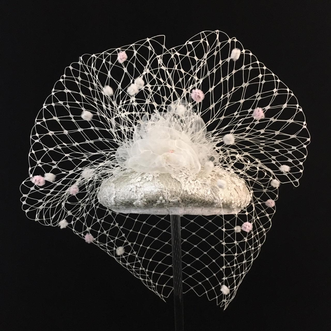 Wilhelmina: White and Pink Spotted Veiling Dome Cocktail Fascinator Accented with Handmade Organza Flowers