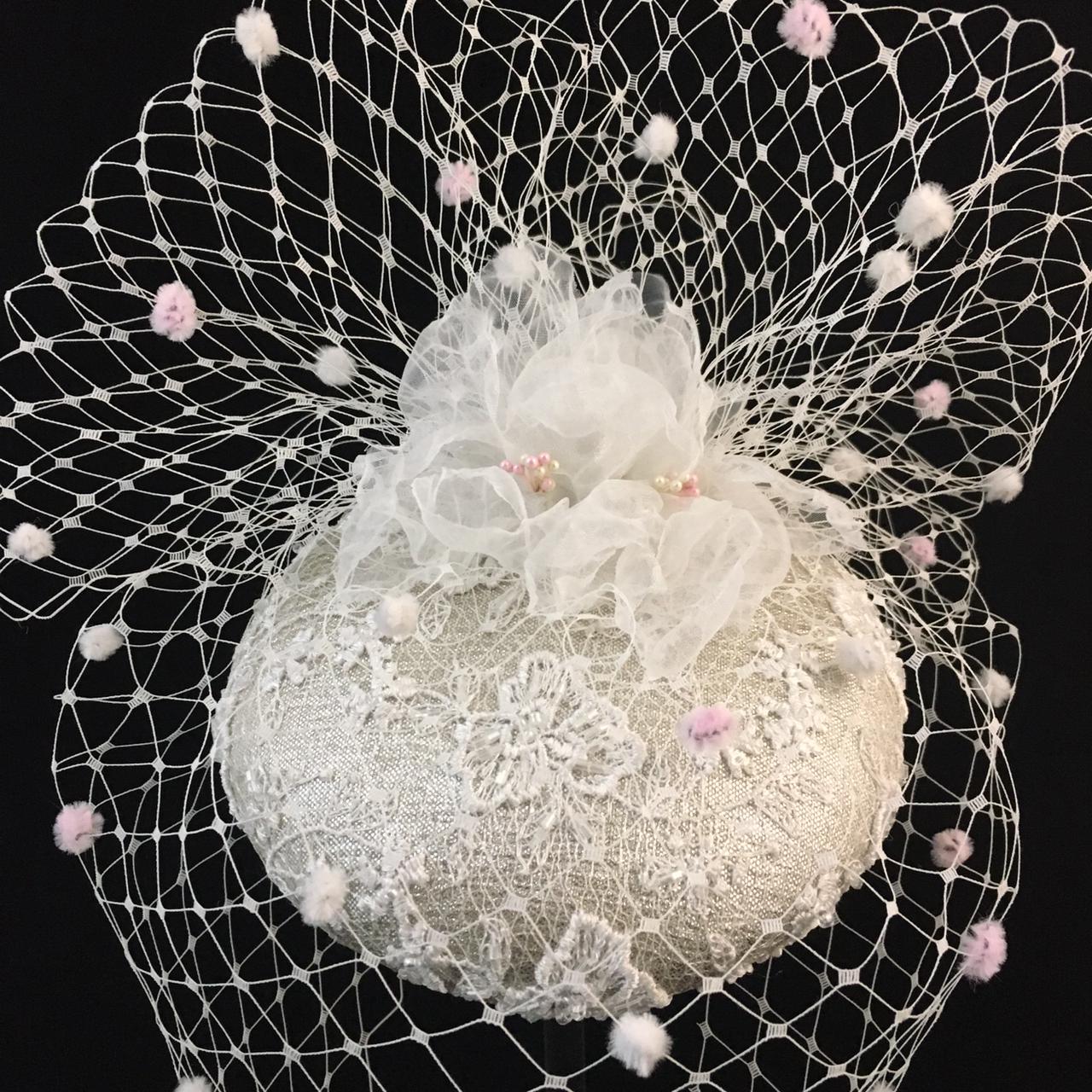 Wilhelmina: White and Pink Spotted Veiling Dome Cocktail Fascinator Accented with Handmade Organza Flowers
