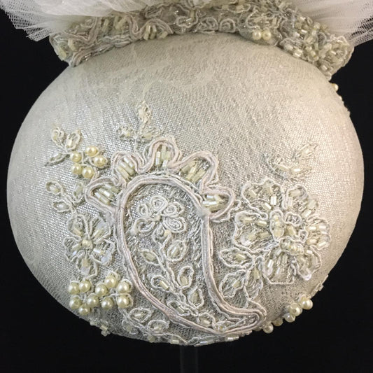 Willow: Cream Hand Beaded Dome Cocktail Fascinator Flared with Layers of Pleated Tulle